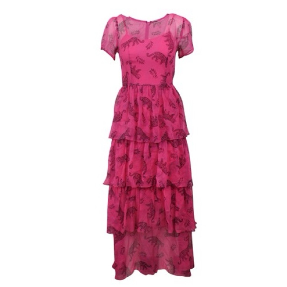 HVN Tarza Leopard Brynn Chiffon Tiered Gown - Hot Pink